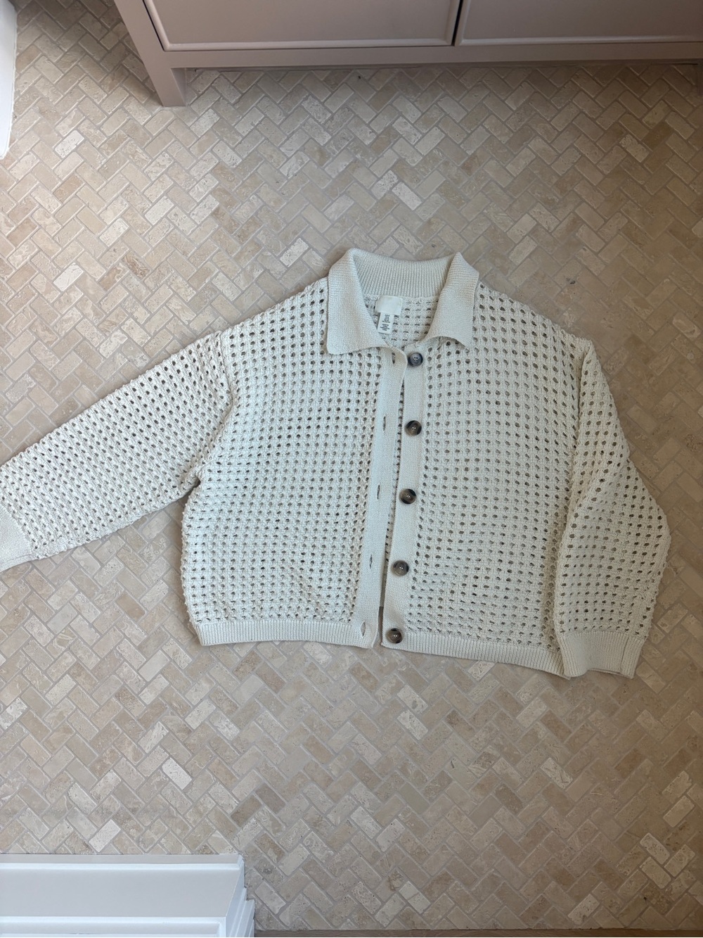 Cream H&M Open-Weave Button-Up Knit Sweater